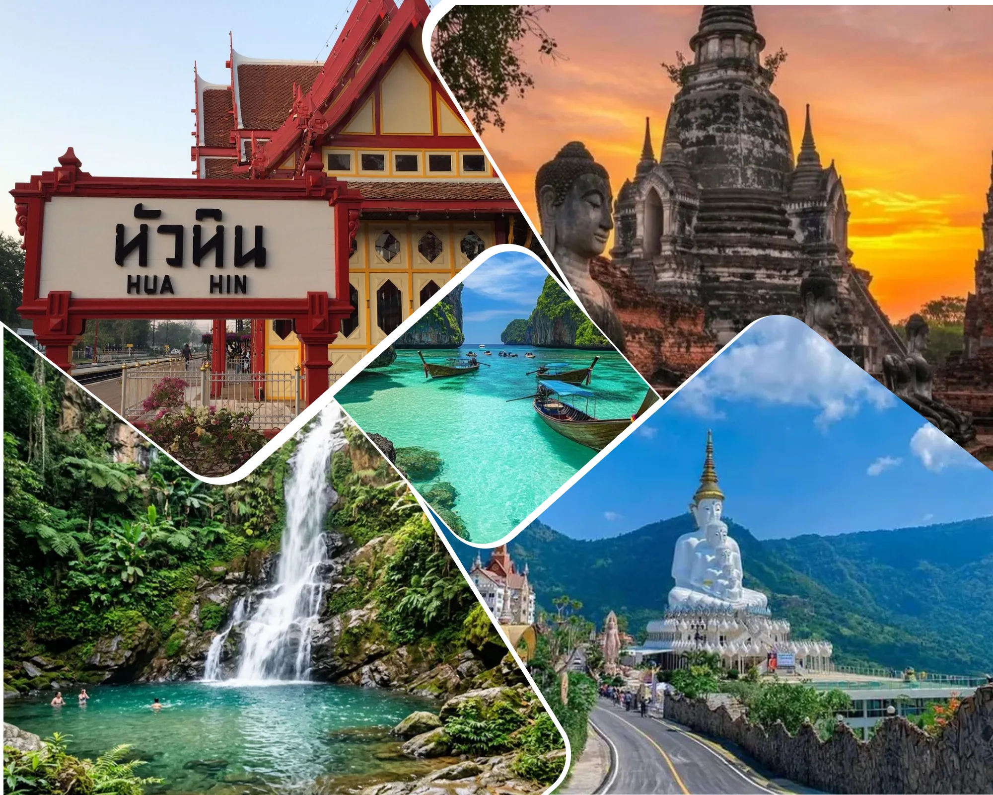 Travel collage of Thailand destinations — Hua Hin railway station, ancient temples, island beaches and the Big Buddha