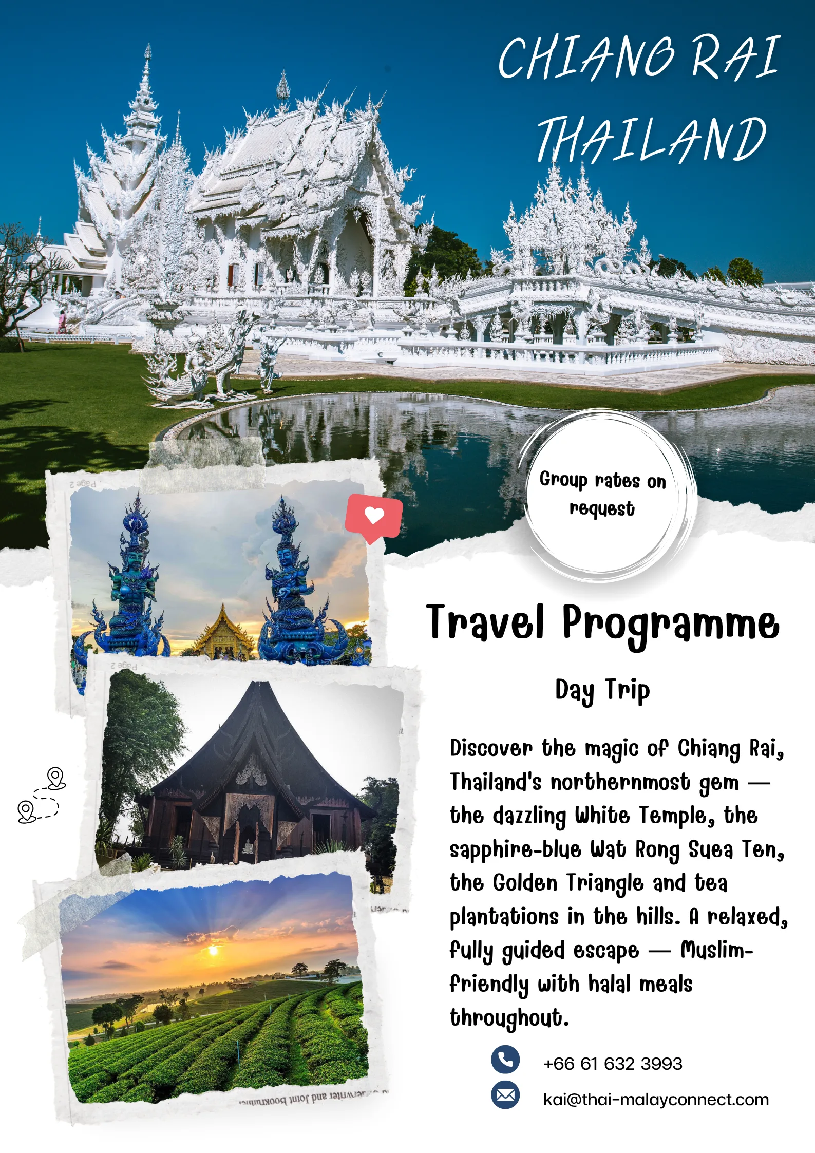 Chiang Rai 1 Day Trip flyer — White Temple (Wat Rong Khun), Blue Temple (Wat Rong Suea Ten), Black House Museum and Choui Fong tea plantation