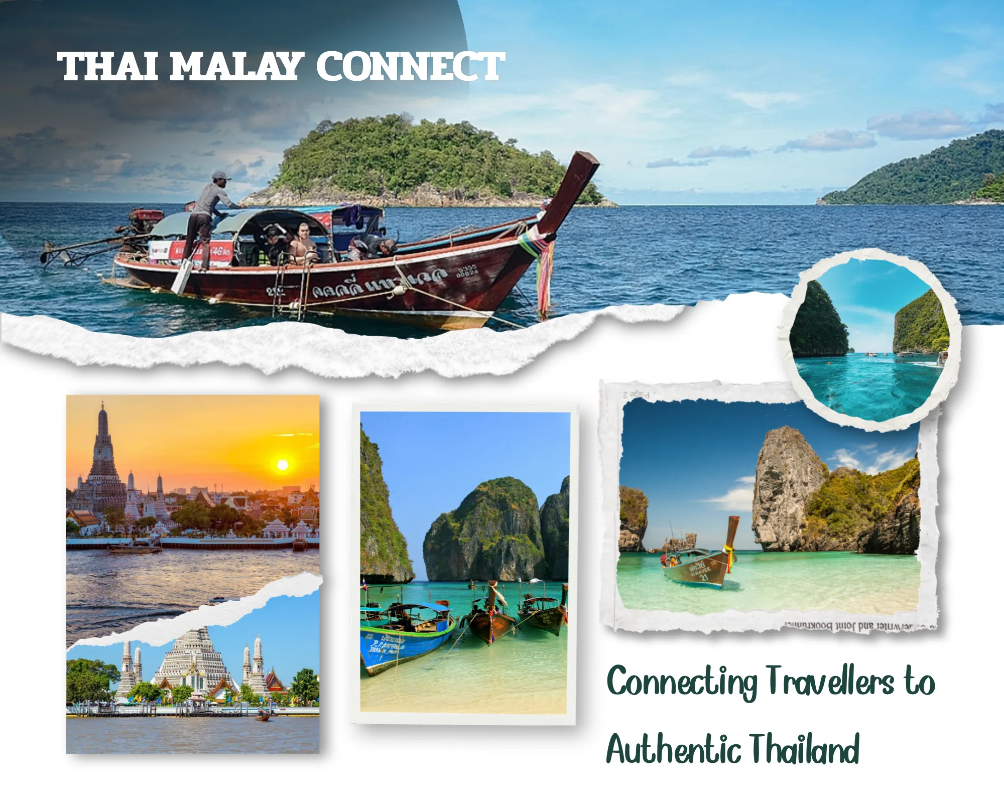 Thai Malay Connect — Connecting Travellers to Authentic Thailand: longtail boats, Wat Arun temple at sunset and Phi Phi islands