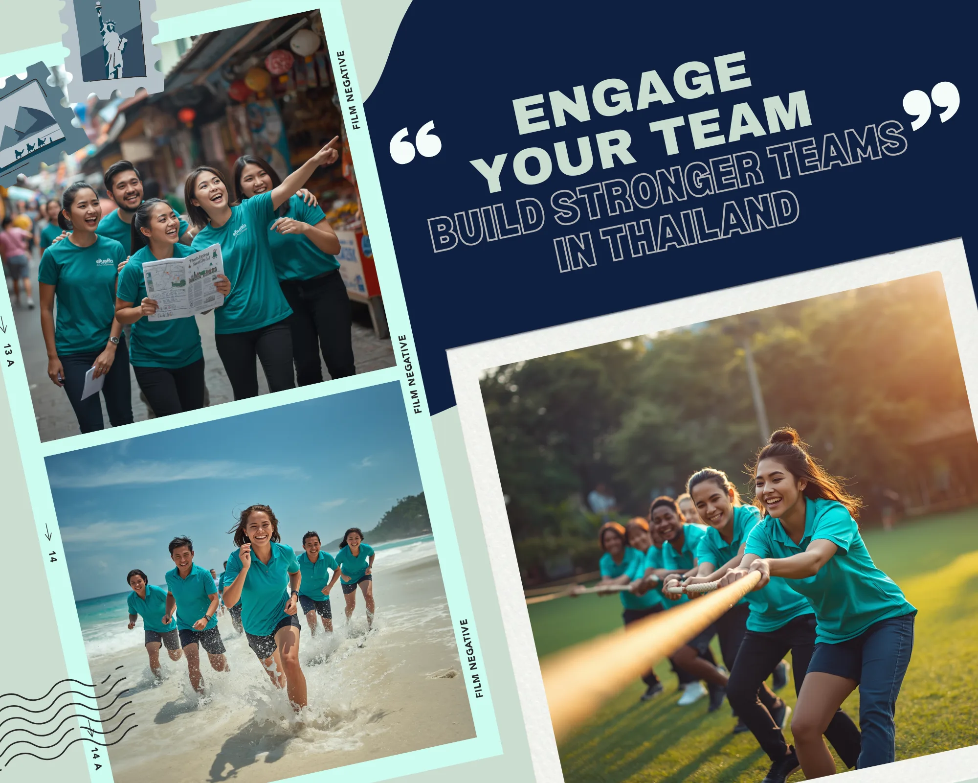 Build Stronger Teams in Thailand — corporate team-building activities including an Amazing Race city challenge, beach relay games and outdoor tug-of-war, all in matching team shirts